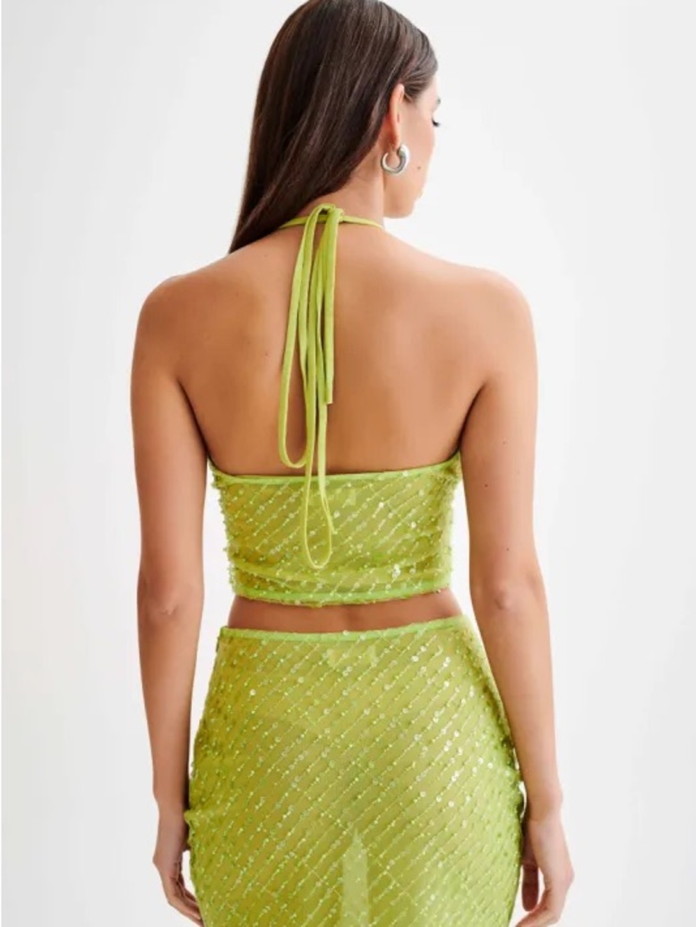 Meshki Lime Green Sequin Midi Dress Size S/M Halter Neck & Skirt Set - Picture 4 of 16